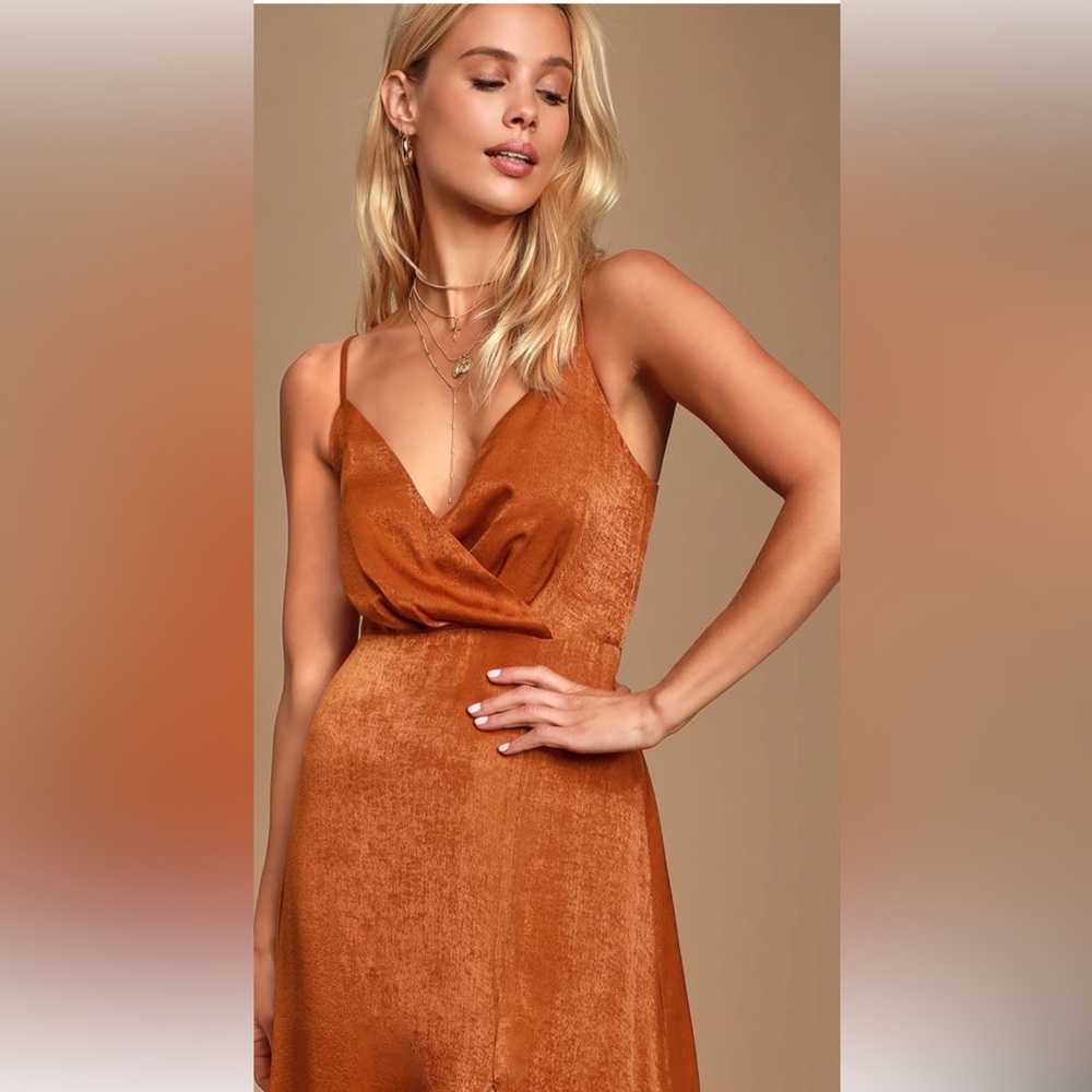 NWT Lulu’s Constantine Rust Orange Satin Maxi Dress